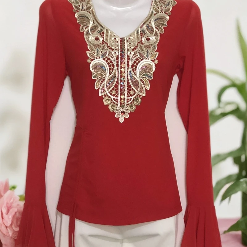 彩金V领锦纶纱练功小衫洋气简单百搭舒适轻薄透气抽绳系带长袖