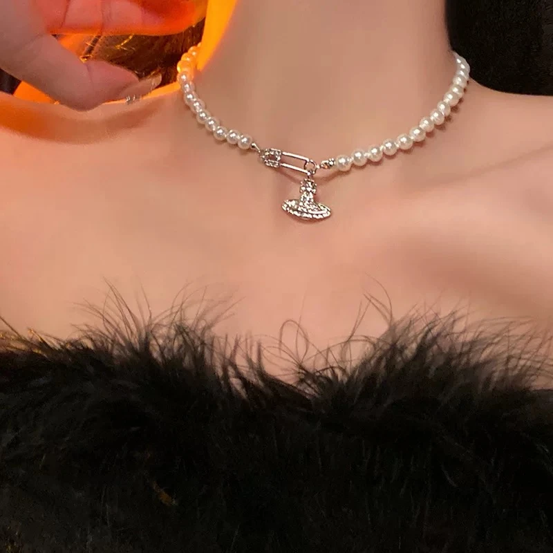 钛钢项链 珠珠别针土星轻奢小众高级项链百搭复古微镶满锆锁骨链