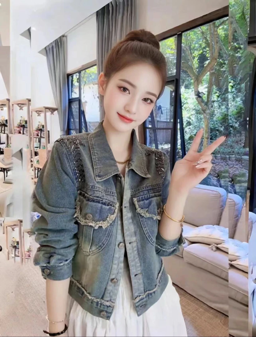 韩版宽松显瘦重工短款复古毛边牛仔外套女设计感手工钉钻长袖时尚