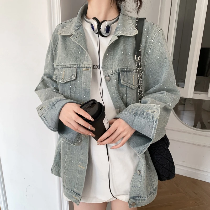 韩版时尚重工烫钻满天星设计感牛仔外套宽松休闲女春秋新款上衣潮