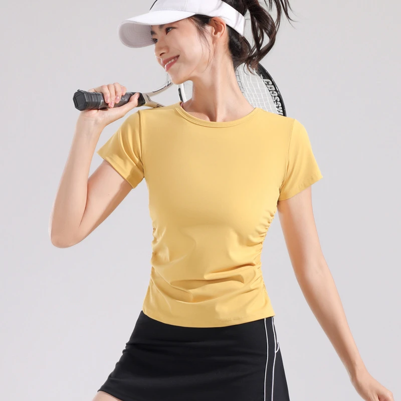 运动t恤女上衣运动服健身服收褶速干面料圆领短袖健身服日常穿搭