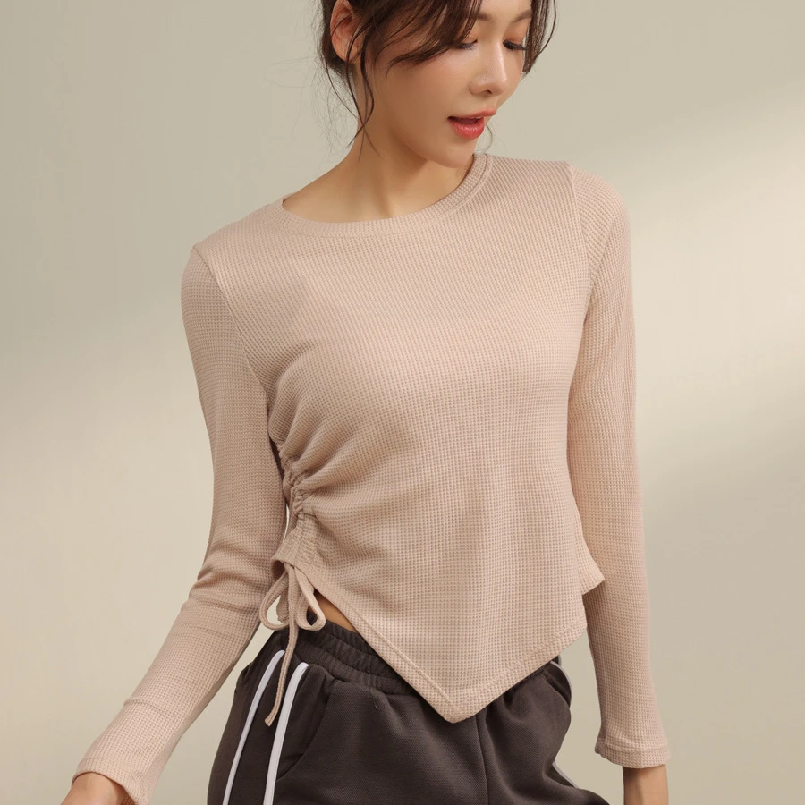 华夫格瑜伽服女秋冬短袖运动T恤宽松长款抽绳健身服上衣圆领显瘦