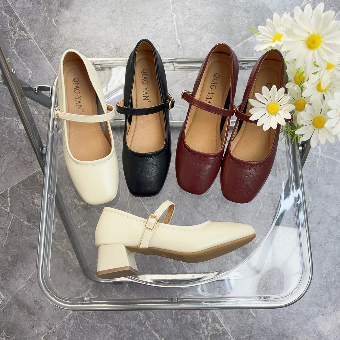 真皮法式平底玛丽珍鞋女2024新款方头一字带软底舒适通勤浅口女鞋