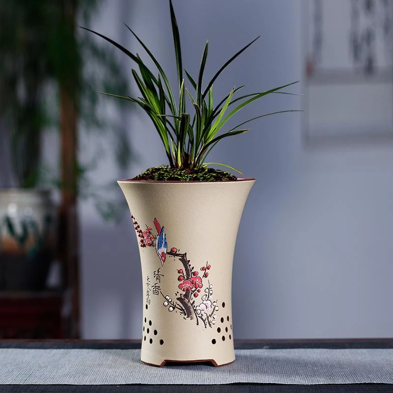 日本紫砂花盆精品花盆桌面兰花盆绿植古典花盆手工刻绘圆形D