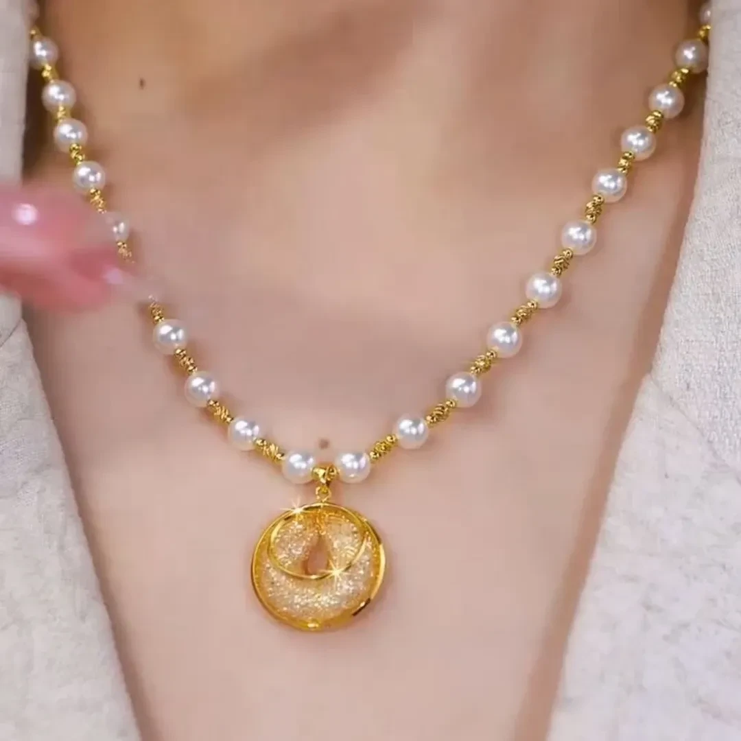铜合金仿珍珠项链 网红时尚百搭圆圈网状项链气质感锁骨饰品