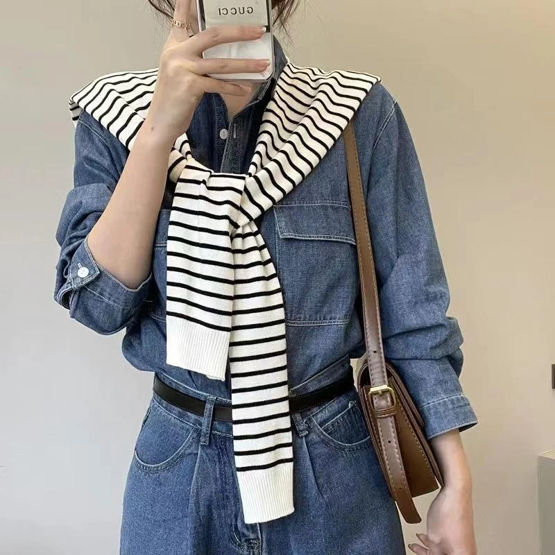 春秋针织条纹披肩外搭高档夏季办公室空调房护颈搭肩女网红围巾潮