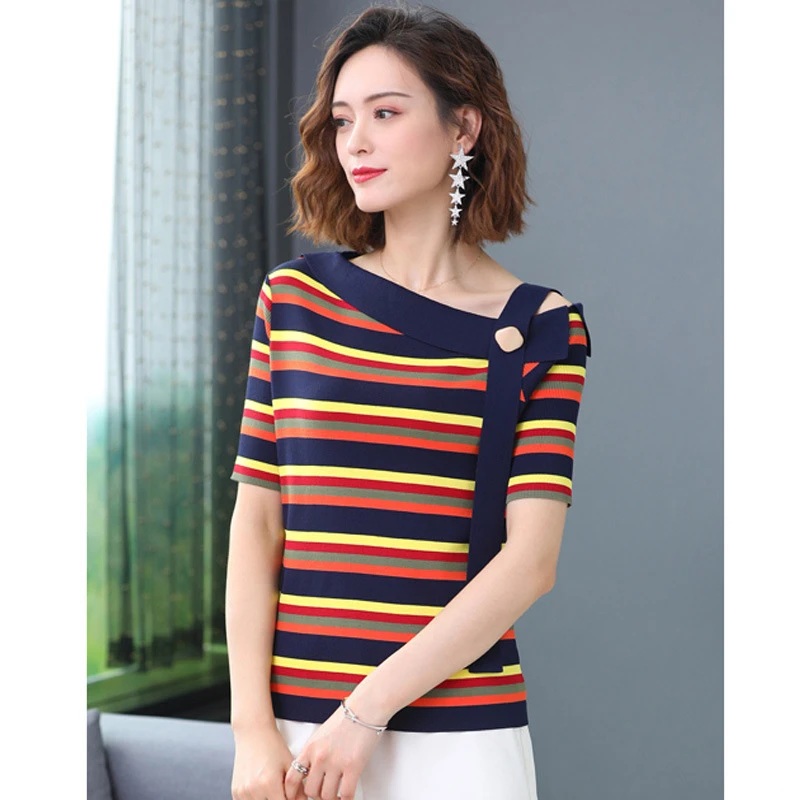 一字领短袖T恤女2023夏季新款时尚百搭宽松条纹冰丝露肩针织上衣