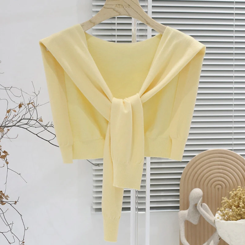 春秋针织小披肩女夏季防晒空调房假领子搭肩打结衬衫外搭薄款坎肩