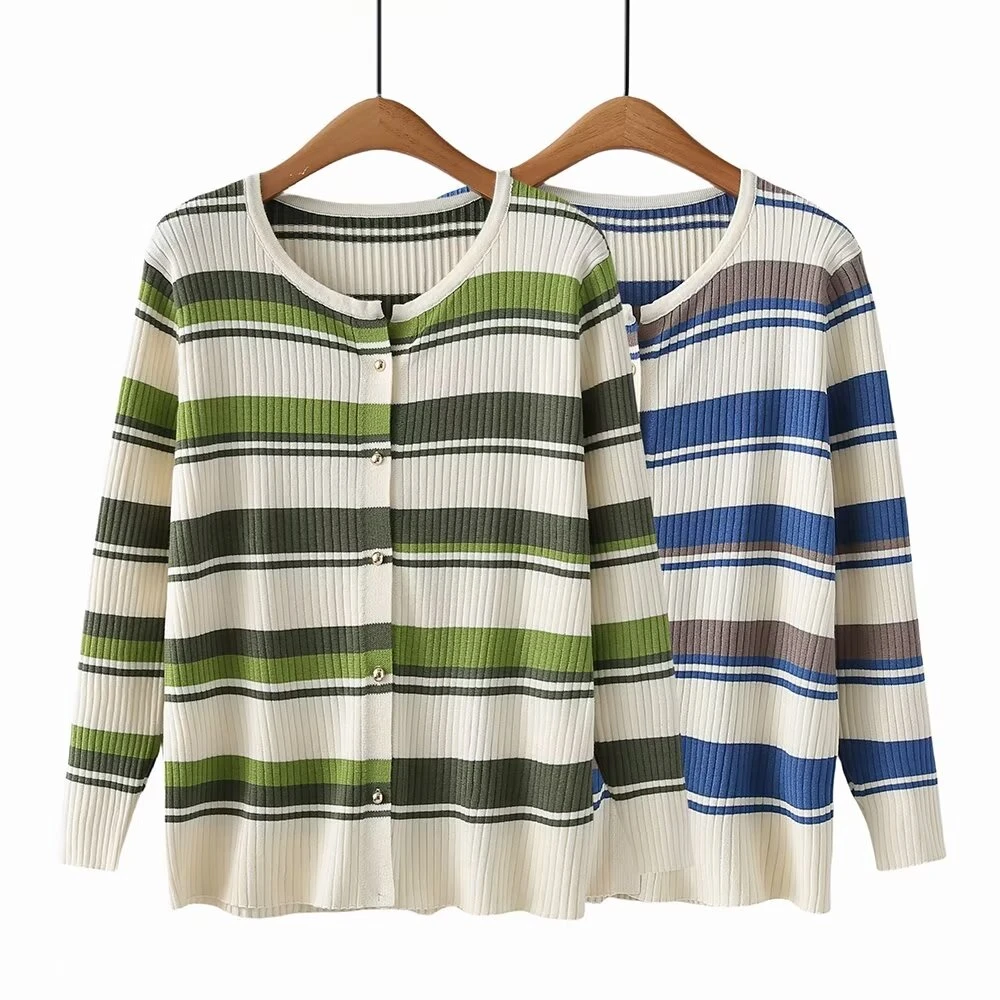 卡洛町大码女装110-200斤早秋休闲百搭宽松条纹圆领针织衫8409