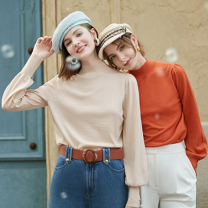 商场女款秋冬新款半高领保暖羊毛衫泡泡袖针织衫打底衫100%纯羊毛