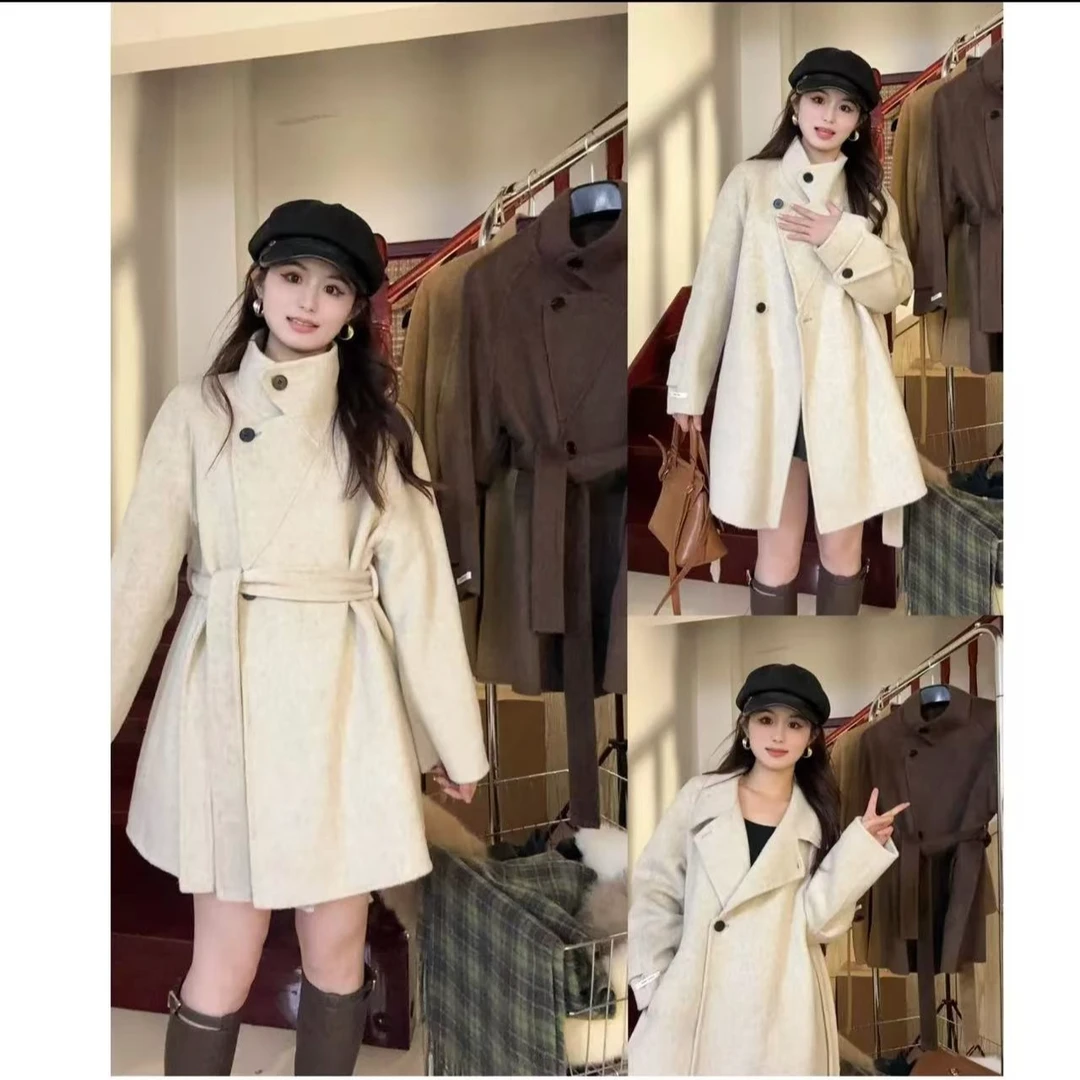 【春春专属】2024秋冬新款双面羊毛韩版立领腰带中长款羊毛大衣