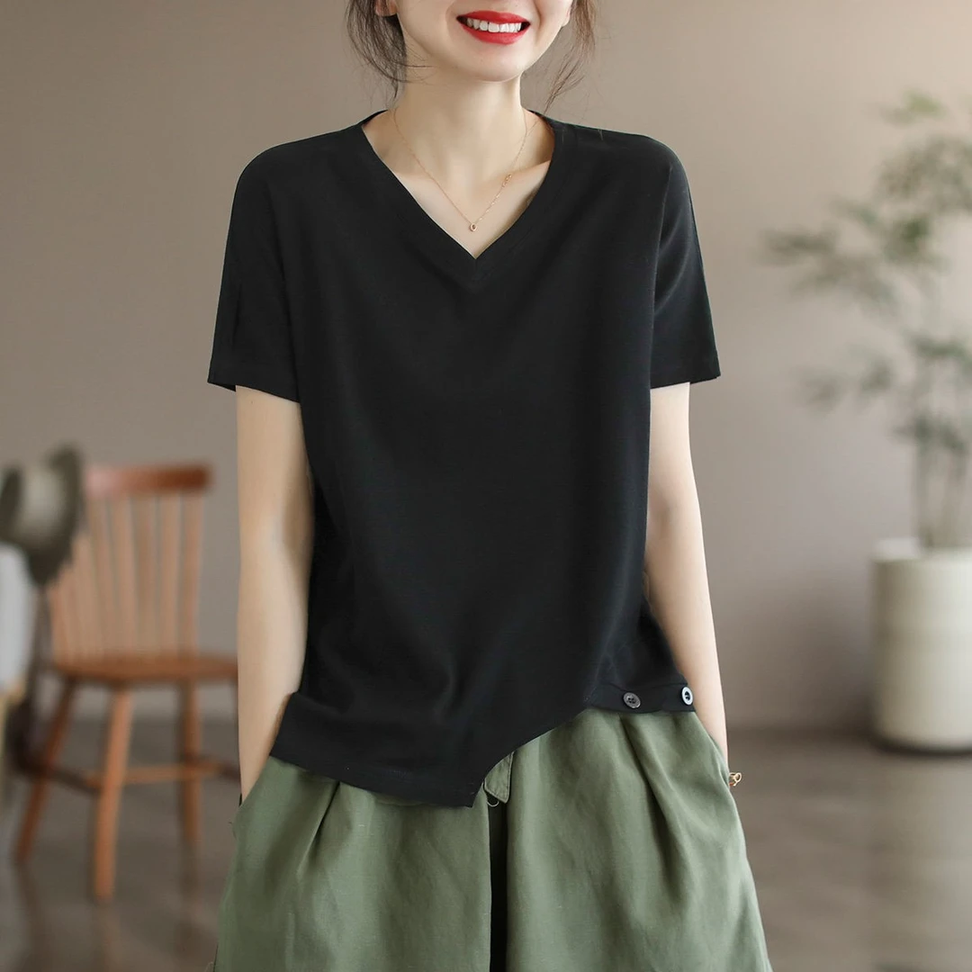 品牌折扣女装专柜正品T恤短袖女夏季宽松显瘦时尚百搭v领上衣体恤