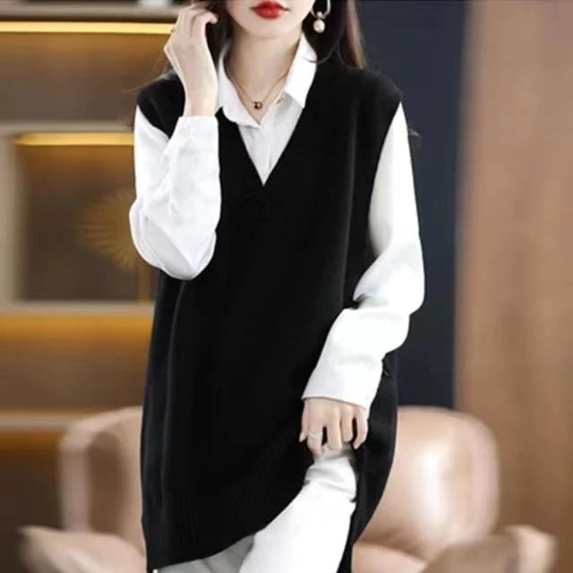 清仓捡漏~专柜女装百搭针织中长款马甲女秋冬V领毛衣显瘦背心马甲