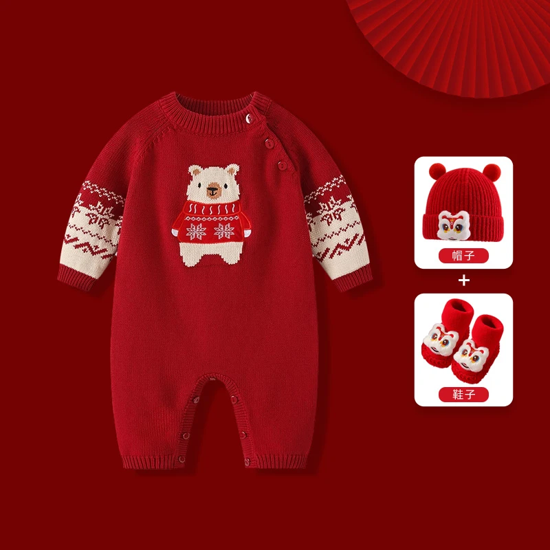 婴儿过年拜年服秋冬衣服新生宝宝满月百天连体衣冬装红色新年爬服