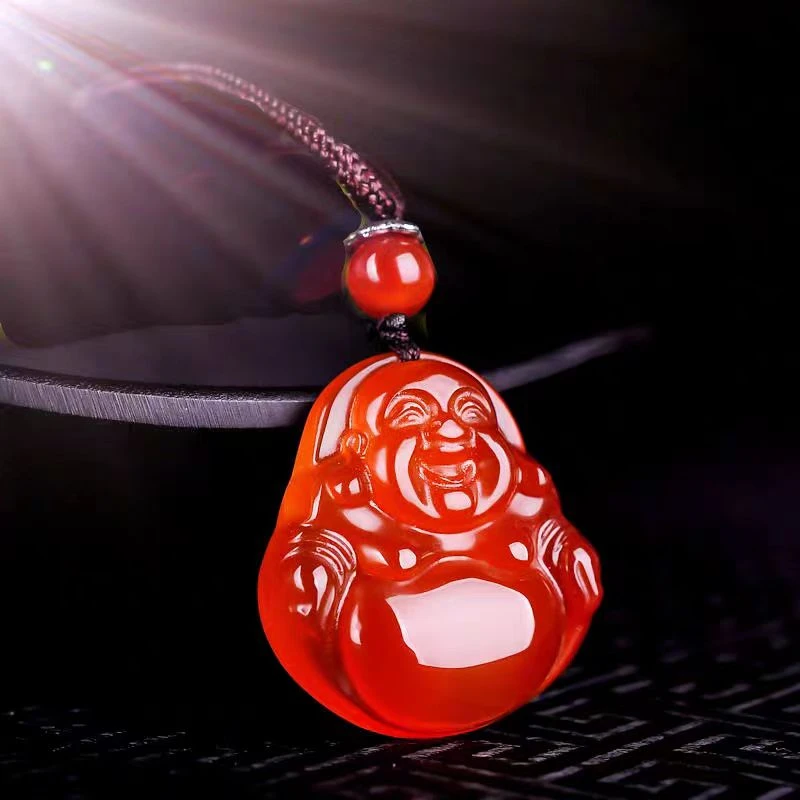 红玛瑙玉髓佛公吊坠 绳链款弥勒佛挂件 高冰守护神大肚笑佛