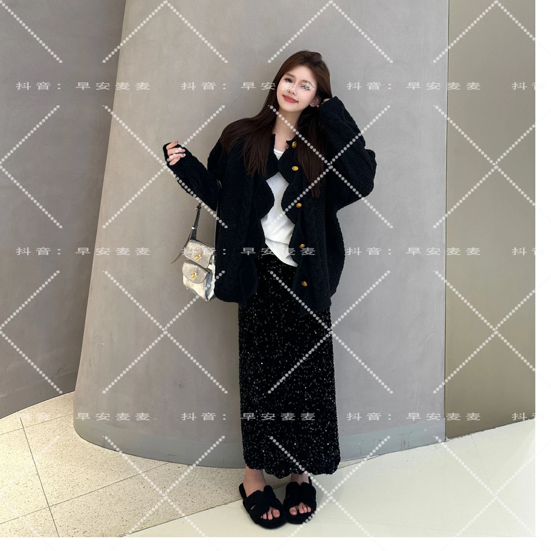 M·W STUDIO 【碎星点点】2024新款秋冬时尚气质百搭黑色亮片半裙
