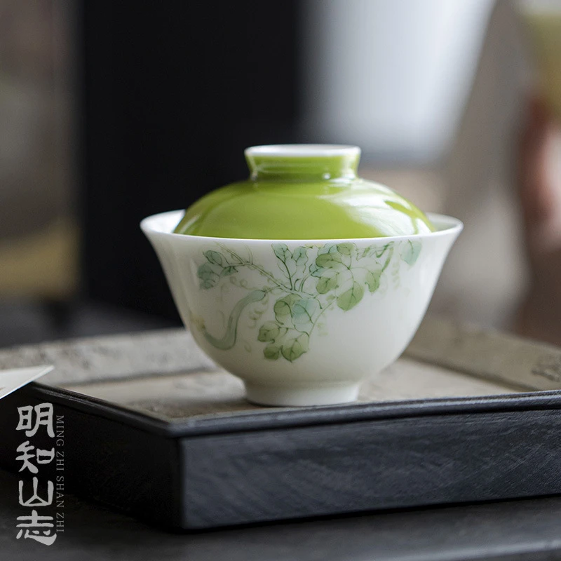 明知山志手绘翠缥黄花忘川盖碗功夫茶具小容量家用陶瓷文人泡茶碗