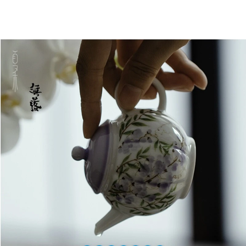 无落釉下彩手绘紫藤云今单茶壶手工陶瓷泡茶壶单壶带球孔功夫茶具
