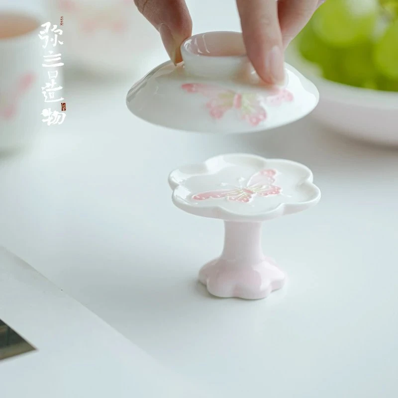 如伶手工陶瓷梅花盖置手绘蝴蝶盖碗茶壶盖托底座茶道零配现代简约