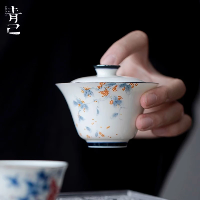 如伶白瓷盖碗釉下彩青花纯手绘描白金边陶瓷文人器桂香点金泡茶碗