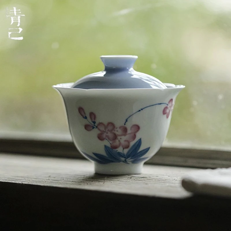 青己釉下彩手绘铃兰花盖碗纯手工晴天蓝念露花口盖碗茶杯壶承盖置