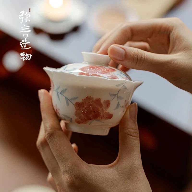 如伶日式泡茶盖碗不烫手家用轻奢功夫茶具手绘牡丹陶瓷单个茶碗