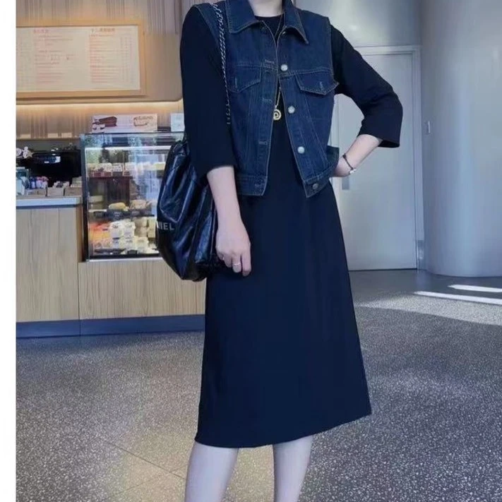 【轻职场】秋季新款高级感牛仔马甲中长连衣裙气质两件套  9711