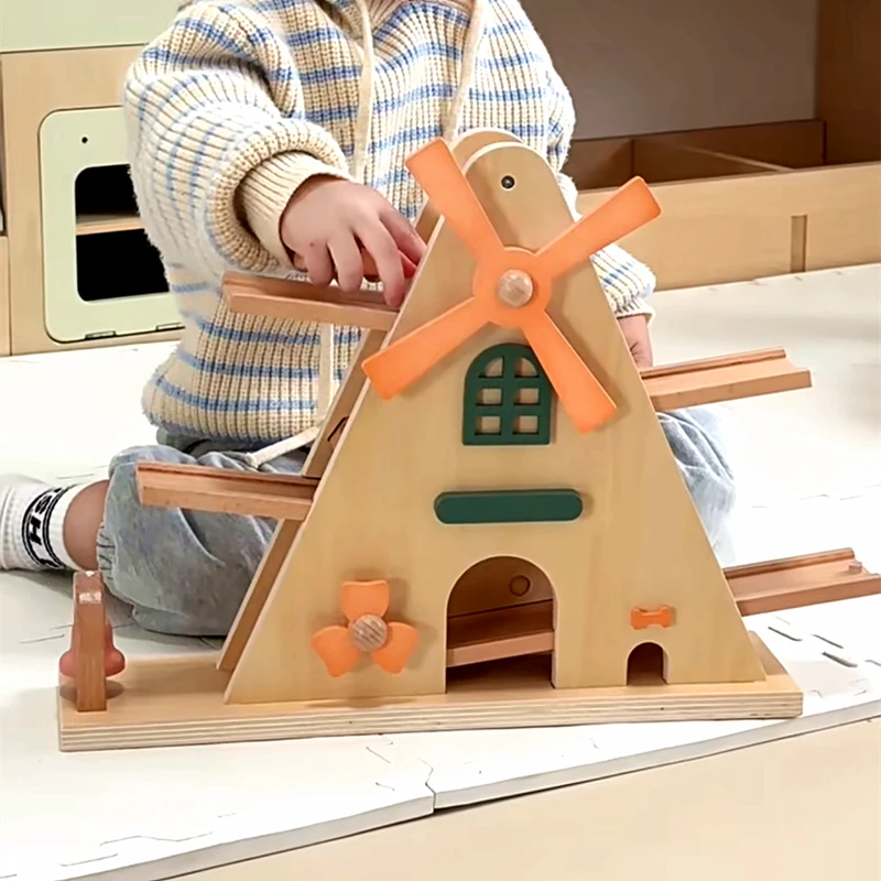 北欧风宝宝木质儿童风车滑翔轨道溜溜车视觉追踪手眼协调车子玩具