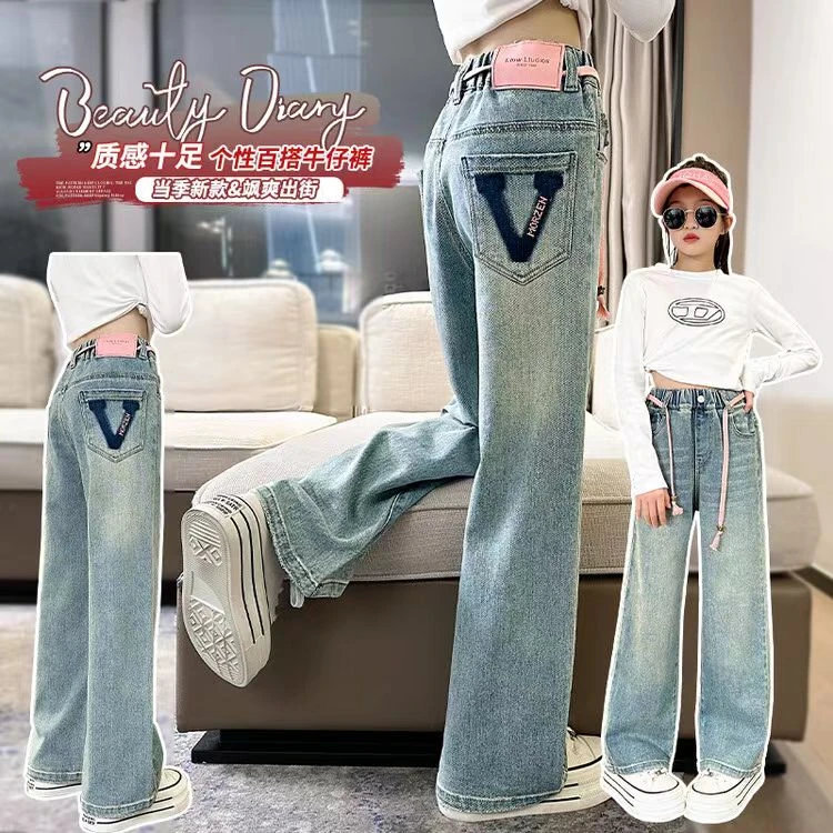 女童薄款牛仔阔腿裤新款中大童宽松直筒裤子春夏装儿童外穿长裤秋