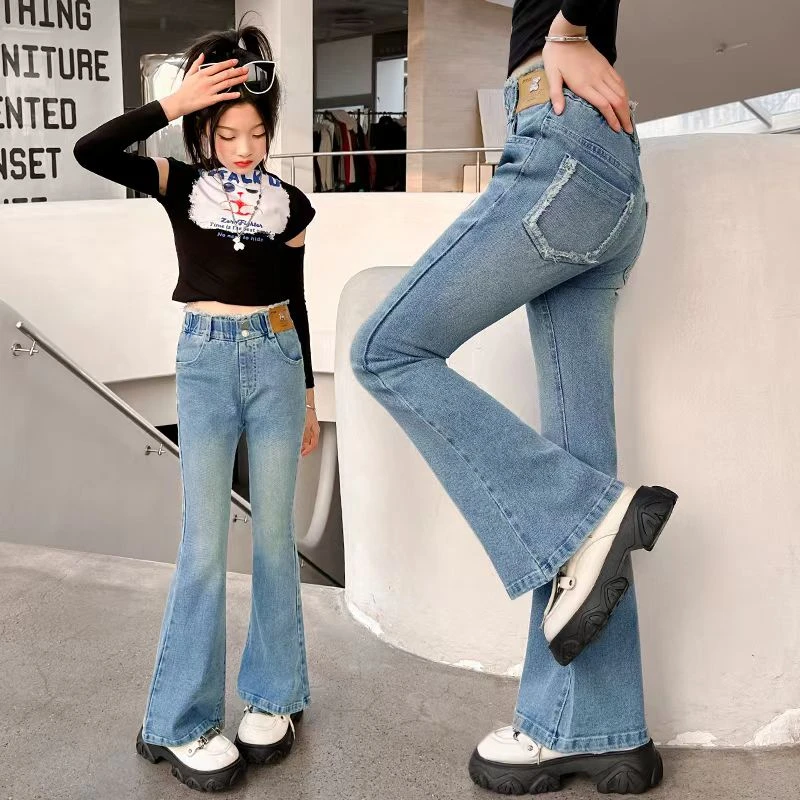 女童牛仔裤春秋新款外穿弹力喇叭裤中大童洋气百搭儿童春季微喇裤