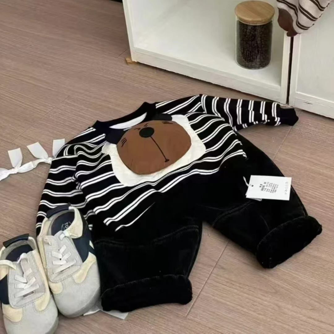 秋冬上新中小童立体小熊加绒卫衣儿童宝宝百搭条纹