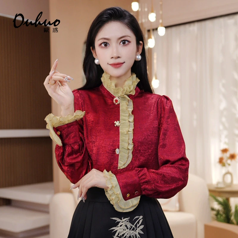 红色喜庆长袖衬衫妈妈装高贵轻奢长袖防晒设计感上衣 OHSHH01084