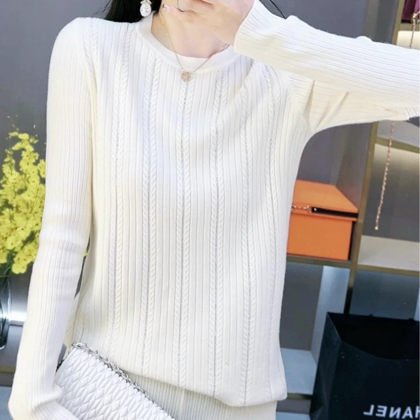 2025春季新款烫钻圆领时尚洋气显瘦百搭修身长袖打底针织衫8811