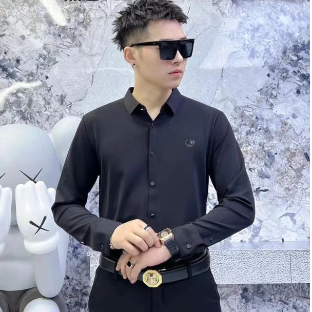 男士有型衬衣衬衫长袖时尚休闲百搭黑色春季简约潮流修身商务