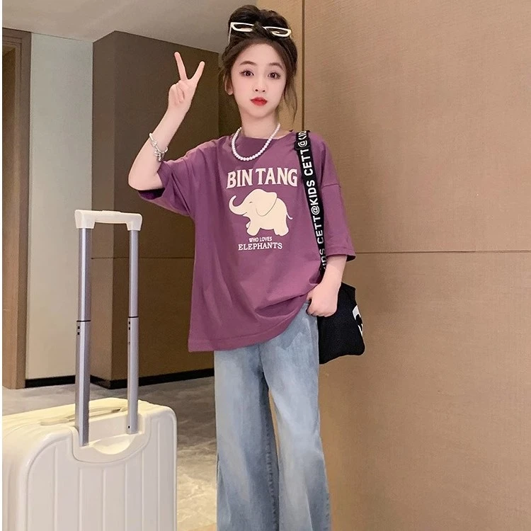 女童夏装2023新款休闲儿童洋气时髦大童夏季韩版百搭宽松印花T恤