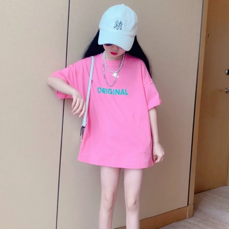 女童中长款t恤夏2023新款儿童洋气童装中大童夏季宽松短袖上衣潮T