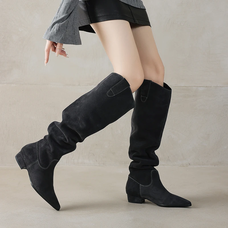 AIQINISHA【大桶围】跟高2厘米过膝靴堆堆靴粗跟牛反绒长筒靴骑士