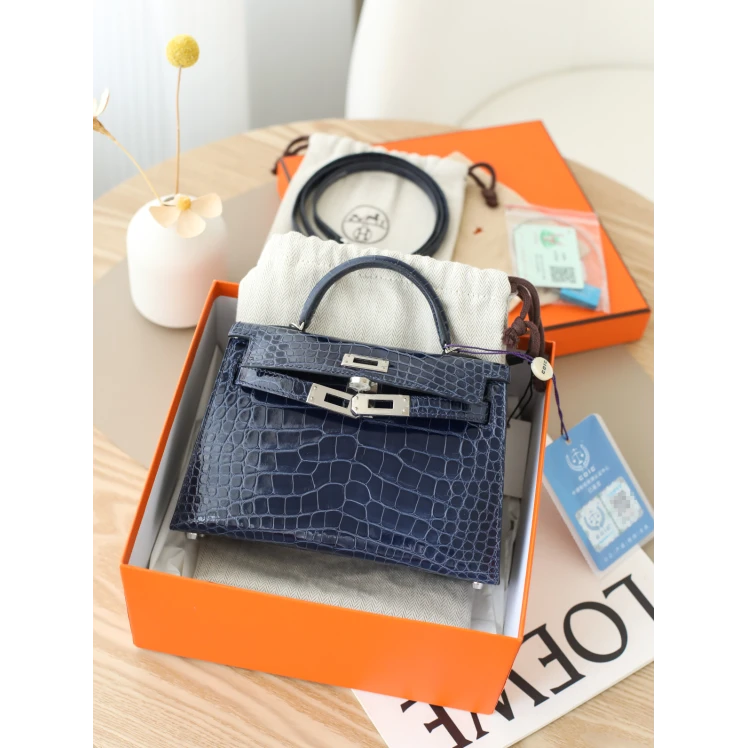 99新 Hermes/爱马仕 二代 C刻 方框短吻鳄鱼皮 宝石蓝 银扣