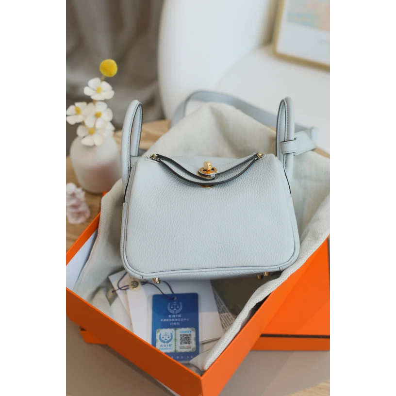 全新未使用 Hermes/爱马仕 mini Lindy18U刻 TC皮 圣杯蓝金女包my