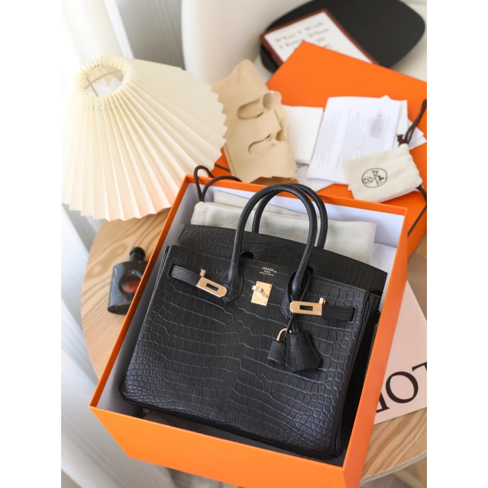 全新未使用 Hermes/爱马仕 birkin25B刻倒V鳄鱼皮黑色玫瑰金扣包J