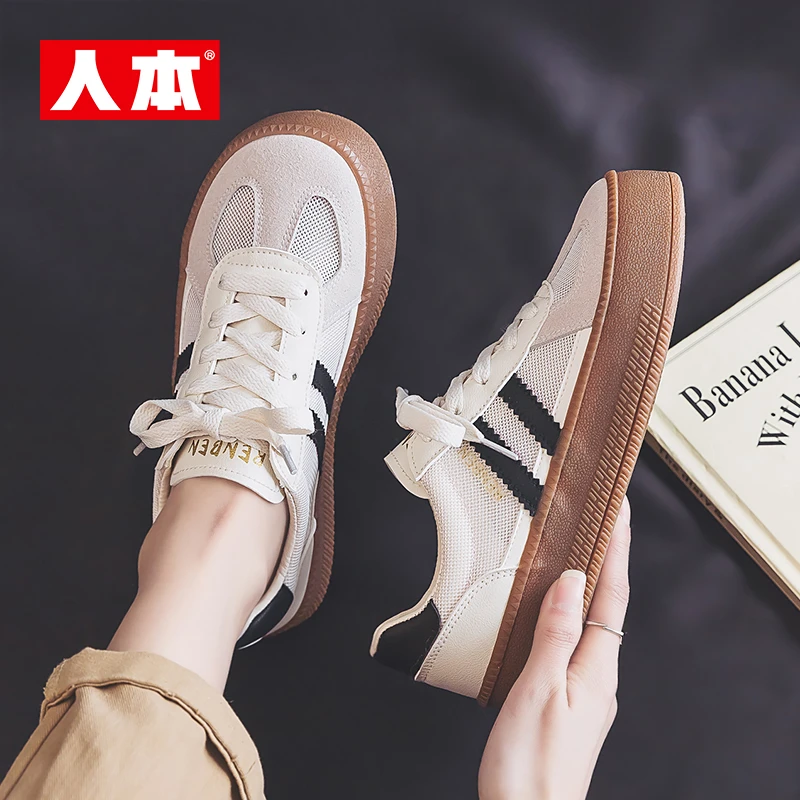 人本小白鞋女2024新款春季夏天薄款透气百搭厚底板鞋子网面韩版潮