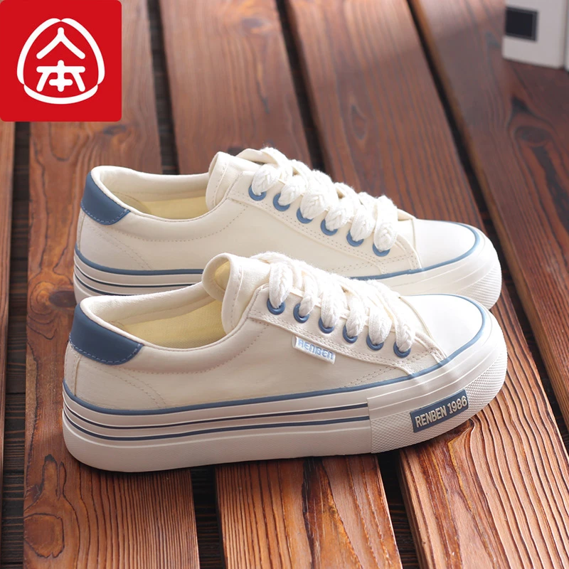 人本厚底小白鞋女帆布鞋休闲学生春秋运动女鞋低帮平底潮鞋板鞋女