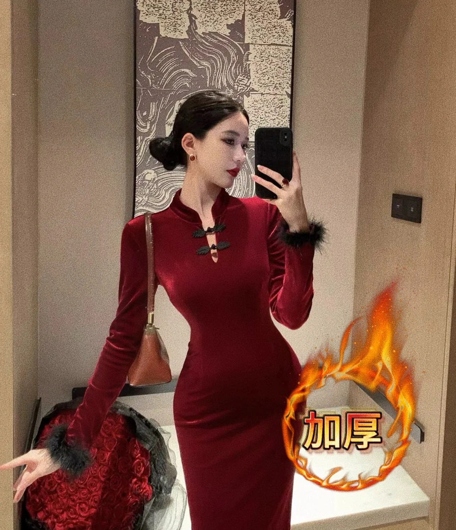 【嘎嘎】加厚秋冬 12113 胖mm新中式辣妹显瘦气质修身内搭长款裙子