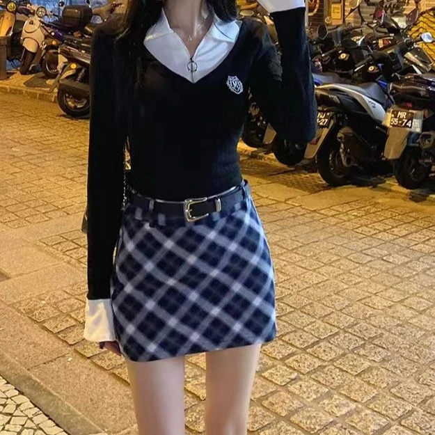 【现货】08164 大码格纹休闲短裙女高级感气质百搭A字半身裙
