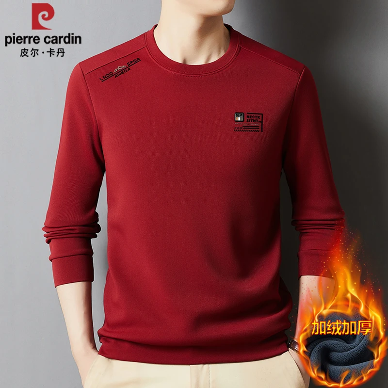 皮尔卡丹国际大牌男士t恤长袖红色本命年加绒卫衣秋冬打底小衫潮T