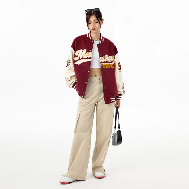 Mess Age Lab美式复古街头酒红色棒球服外套设计高级感情侣装夹克