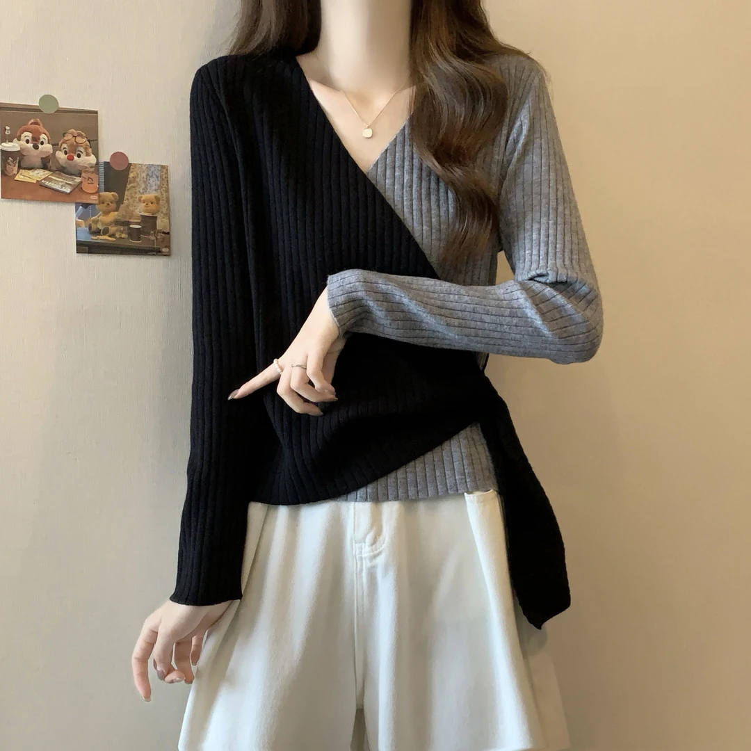 撞色针织打底衫女2025秋冬新款内搭修身毛衣设计感短款长袖上衣潮