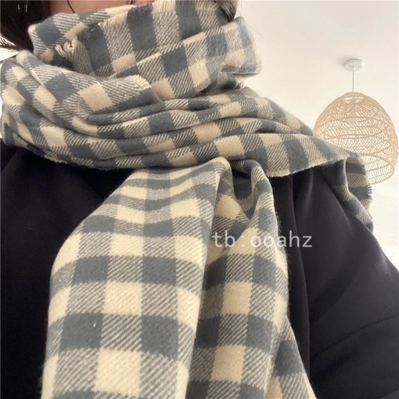 奶郁蓝焦糖夹心~日系文艺风围巾 软糯长款加厚学生格子围脖披肩