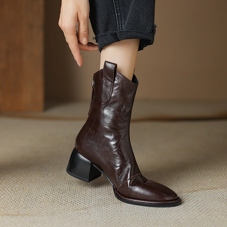 羊皮5cm英伦风复古手工羊皮V口高跟短靴西部靴骑士靴女牛仔靴百搭