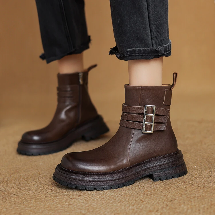 4.5cm 通勤休闲百搭舒适厚底侧拉链短靴秋冬季英伦风复古时尚短靴